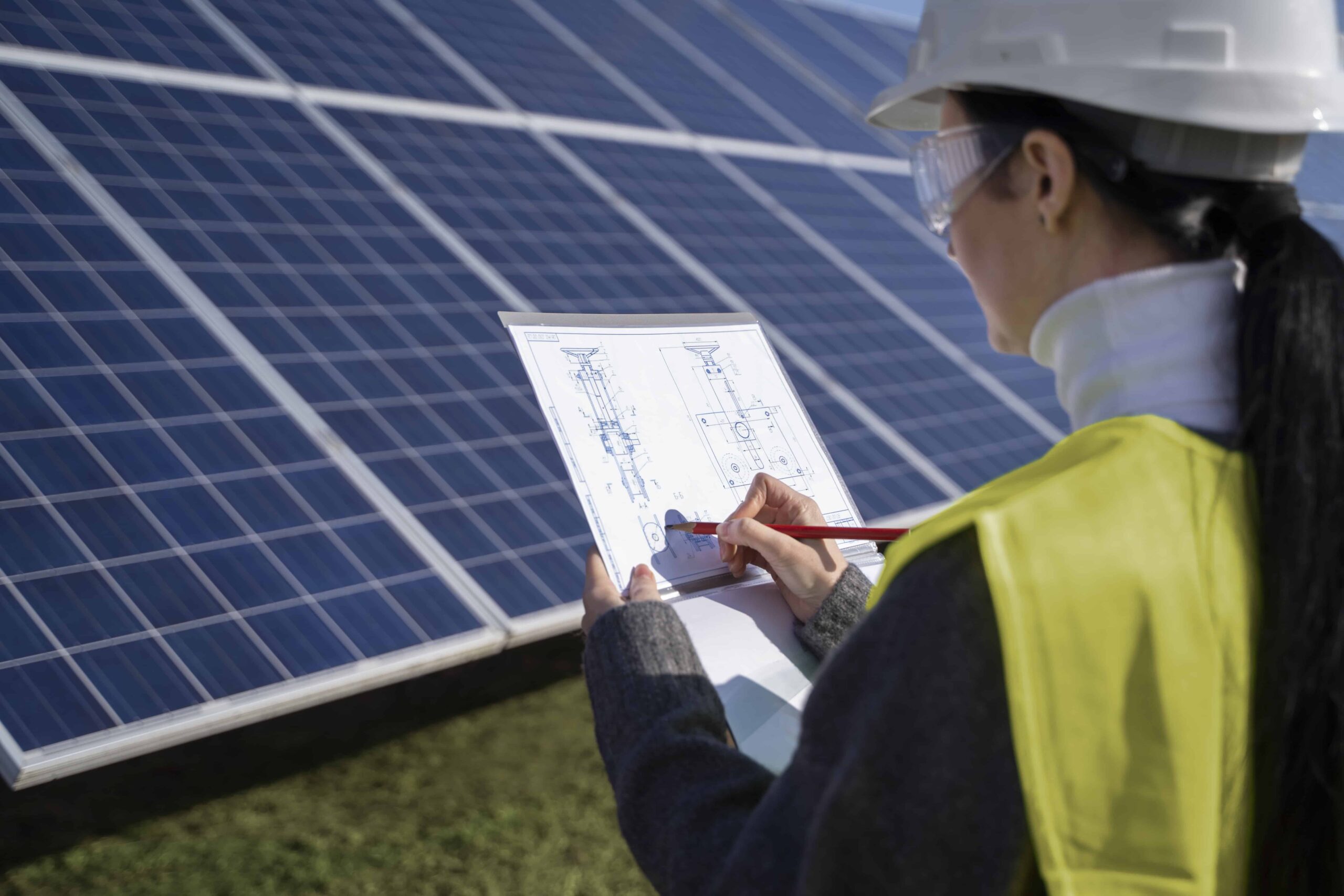 Engenheiro analisando projeto de energia solar ao ar livre